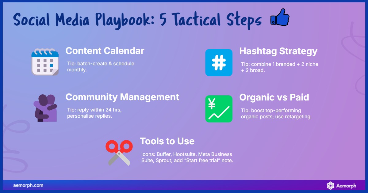 Social Media Strategy Essentials Social media tips include content calendar, hashtags, community replies, ads, and tools