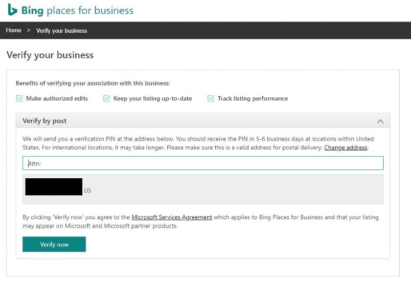 A screenshot of step 3 in setting up Bing Places for Business