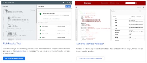  rich results test page and schema markup validator page showing codes