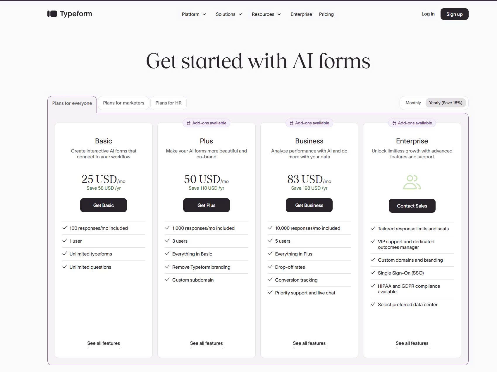 Typeform pricing plans for simple survey and organisation