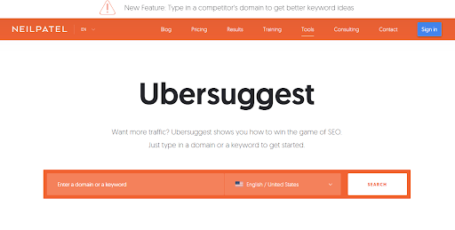 keyword research page of ubersuggest