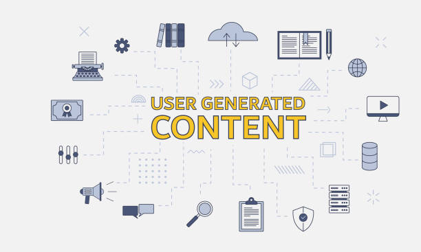 A conceptual illustration featuring the phrase "USER GENERATED CONTENT" surrounded by various icons representing digital and social media elements