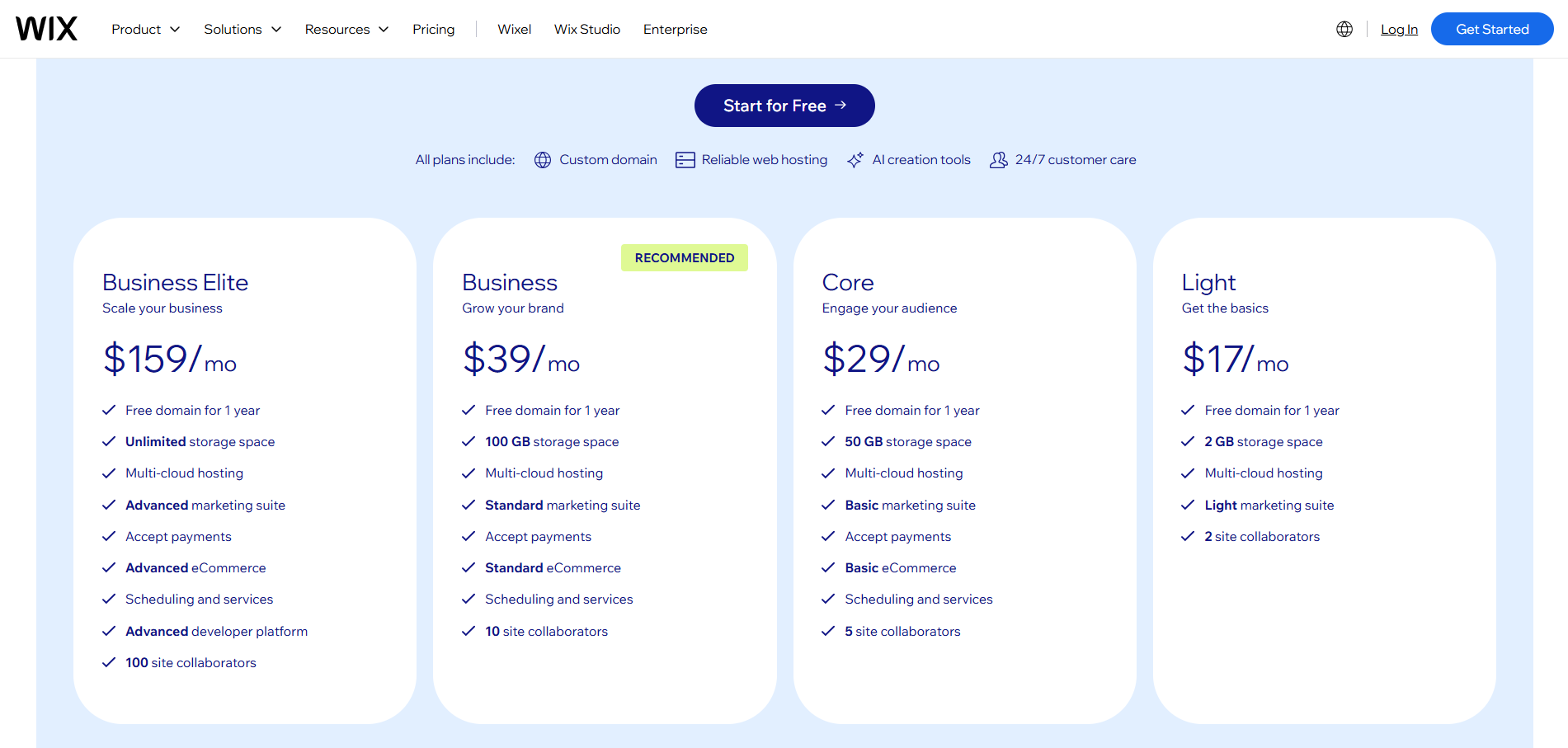 Wix AI Website Builder Pricing
